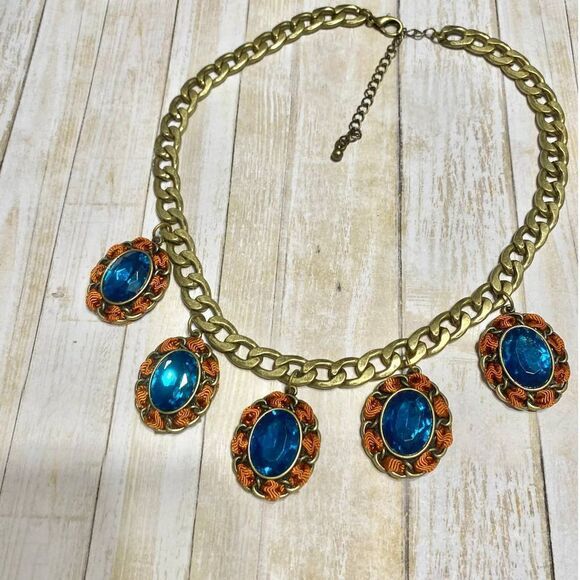Vintage Chunky Chain Blue Crystal Statement Necklace - Picture 3 of 10